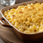 Baked macaroni and cheese in a ceramic dish with a golden breadcrumb topping, fresh from the oven, placed on a wooden surface with a glass of water in the background.