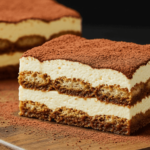Classic Italian tiramisu with layers of coffee-soaked ladyfingers, creamy mascarpone, and cocoa powder topping.